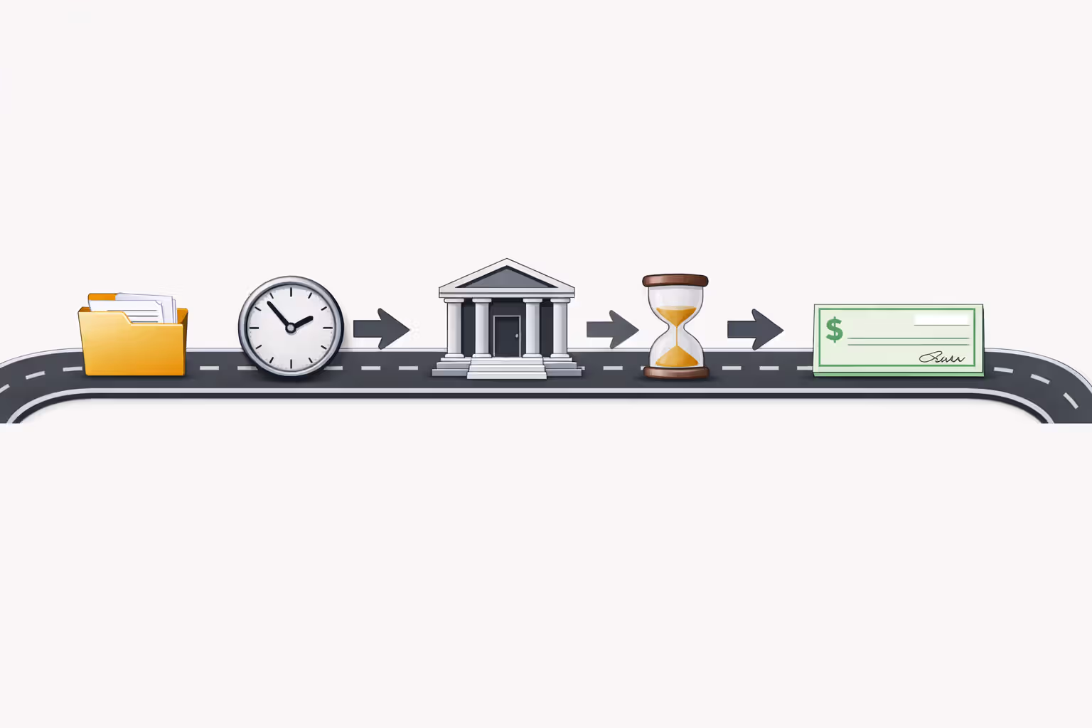 Timeline infographic showing wrongful death lawsuit stages from filing documents to courthouse to settlement check with hourglass symbols between stages