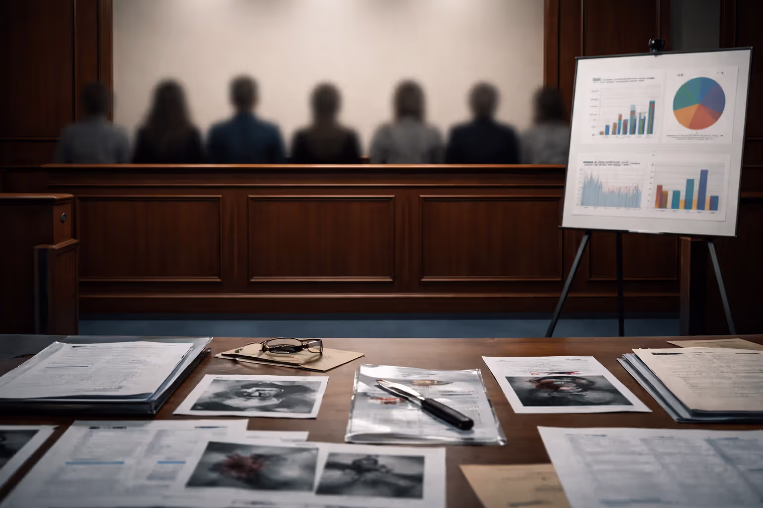 Courtroom scene with blurred jury silhouettes in background and evidence table with photographs charts and medical records in foreground