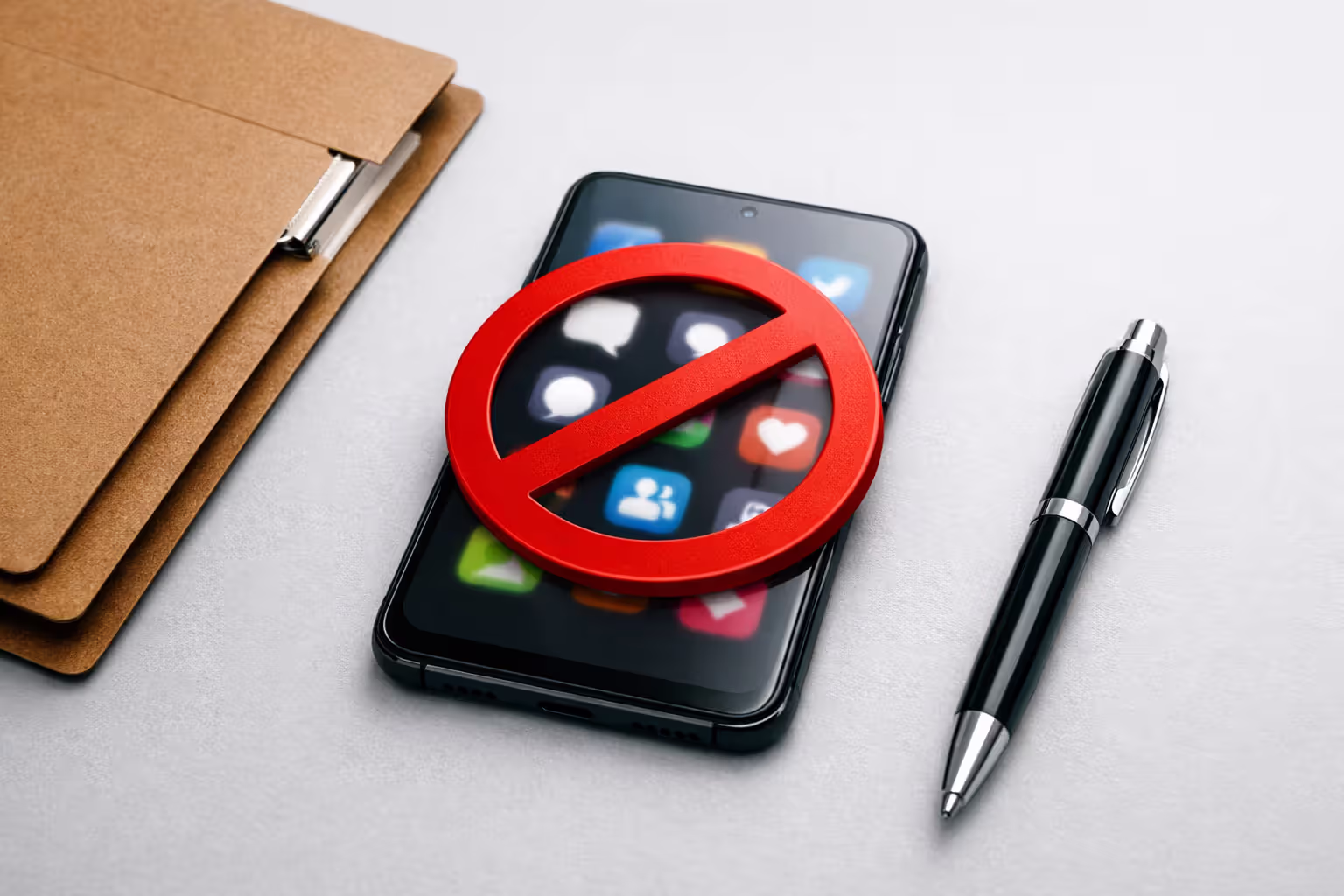 Smartphone with social media icons on screen covered by red prohibition symbol next to legal folder on grey desk