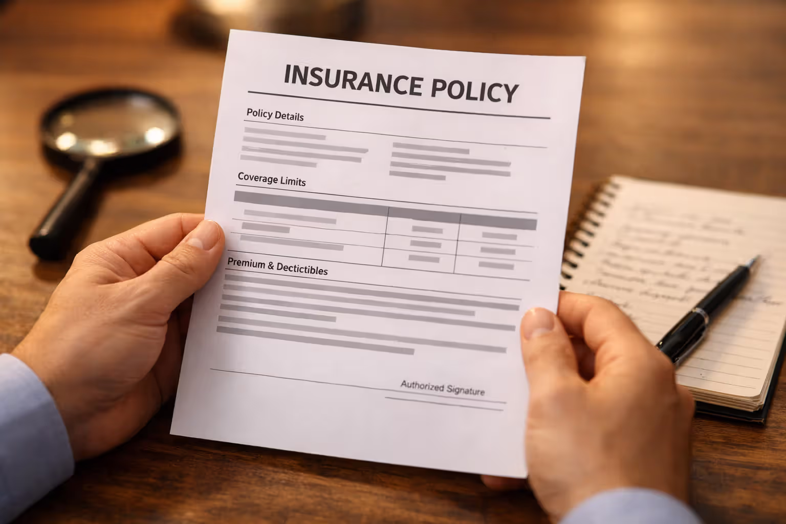 Close-up of hands holding an insurance policy document pointing at coverage limit figures with a magnifying glass nearby