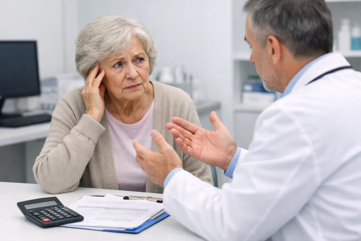 Elderly woman consulting with doctor about long-term care costs with medical documents and calculator on desk