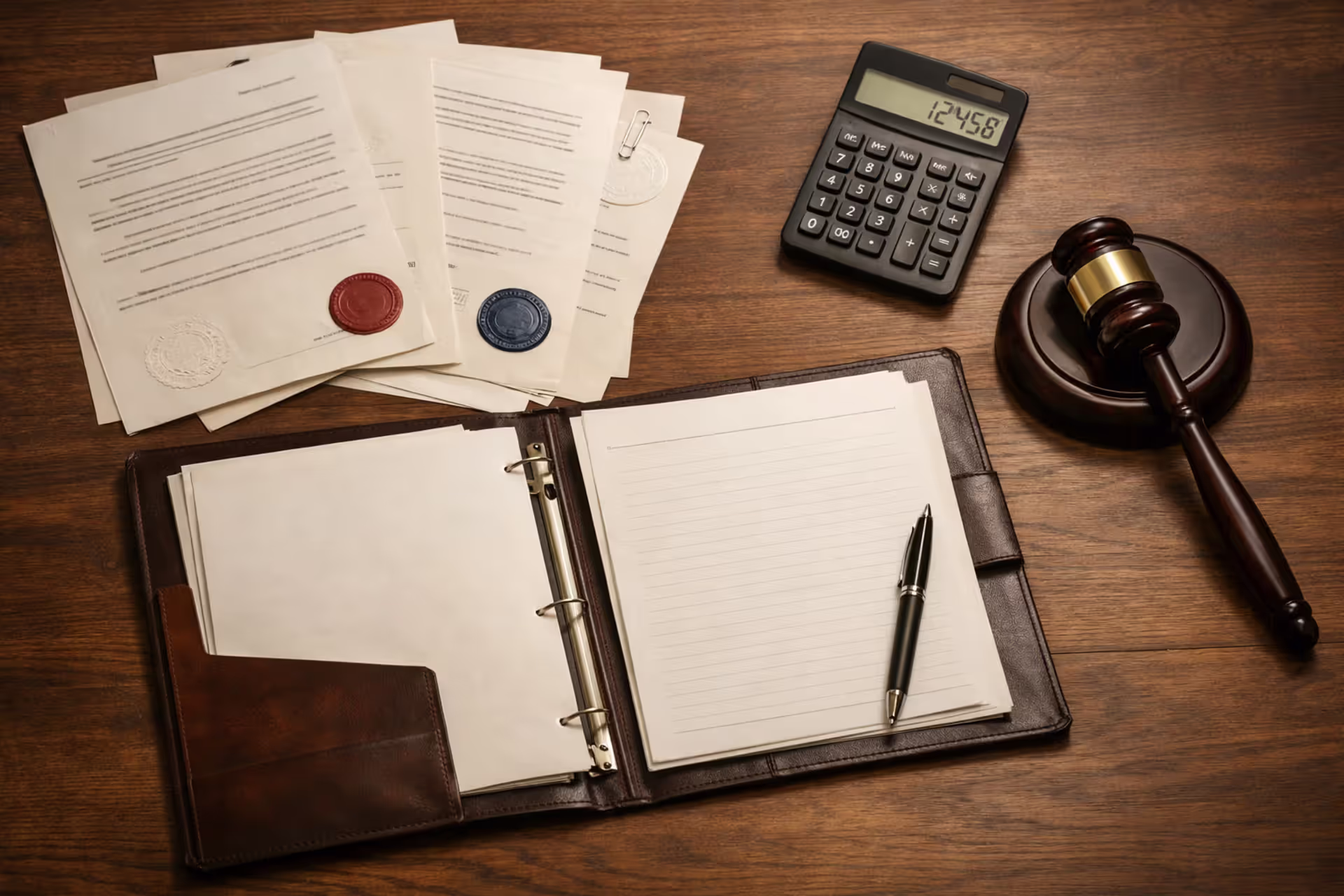 Legal documents, calculator, and judge gavel on a desk representing wrongful death compensation calculation