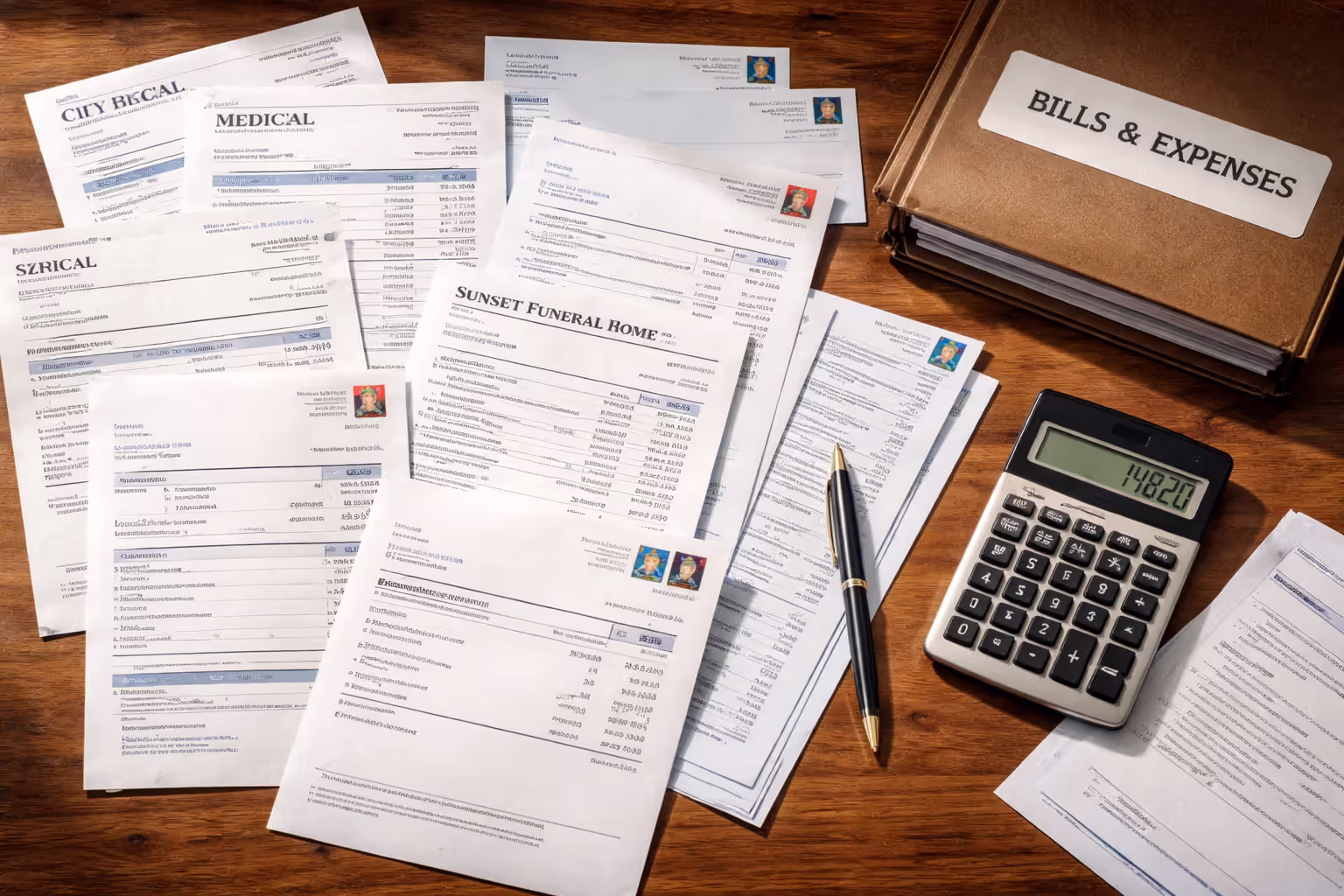 Overhead view of a desk covered with medical bills, funeral receipts, and a calculator used for expense documentation
