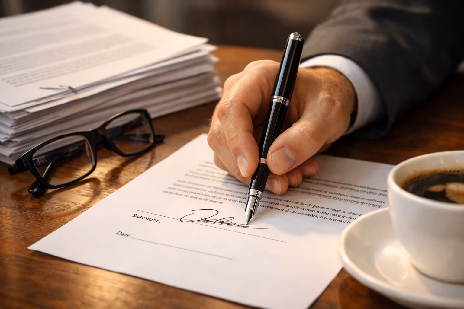Close-up of a hand signing a legal document with stacked papers and reading glasses on desk