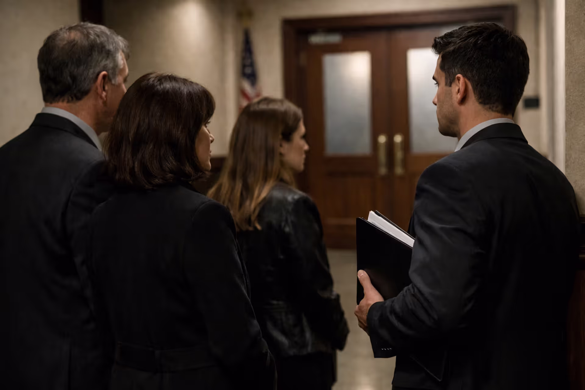 Family silhouettes walking through courthouse corridor toward wrongful death hearing in California