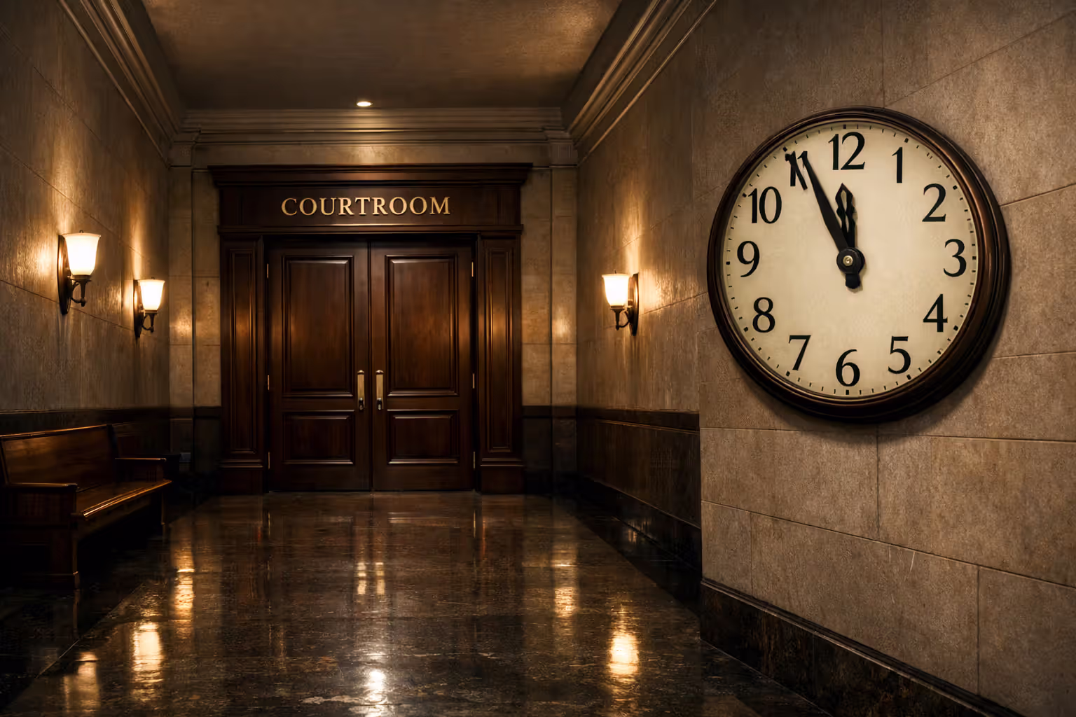 Courthouse hallway with closed courtroom doors and wall clock approaching midnight symbolizing filing deadline urgency