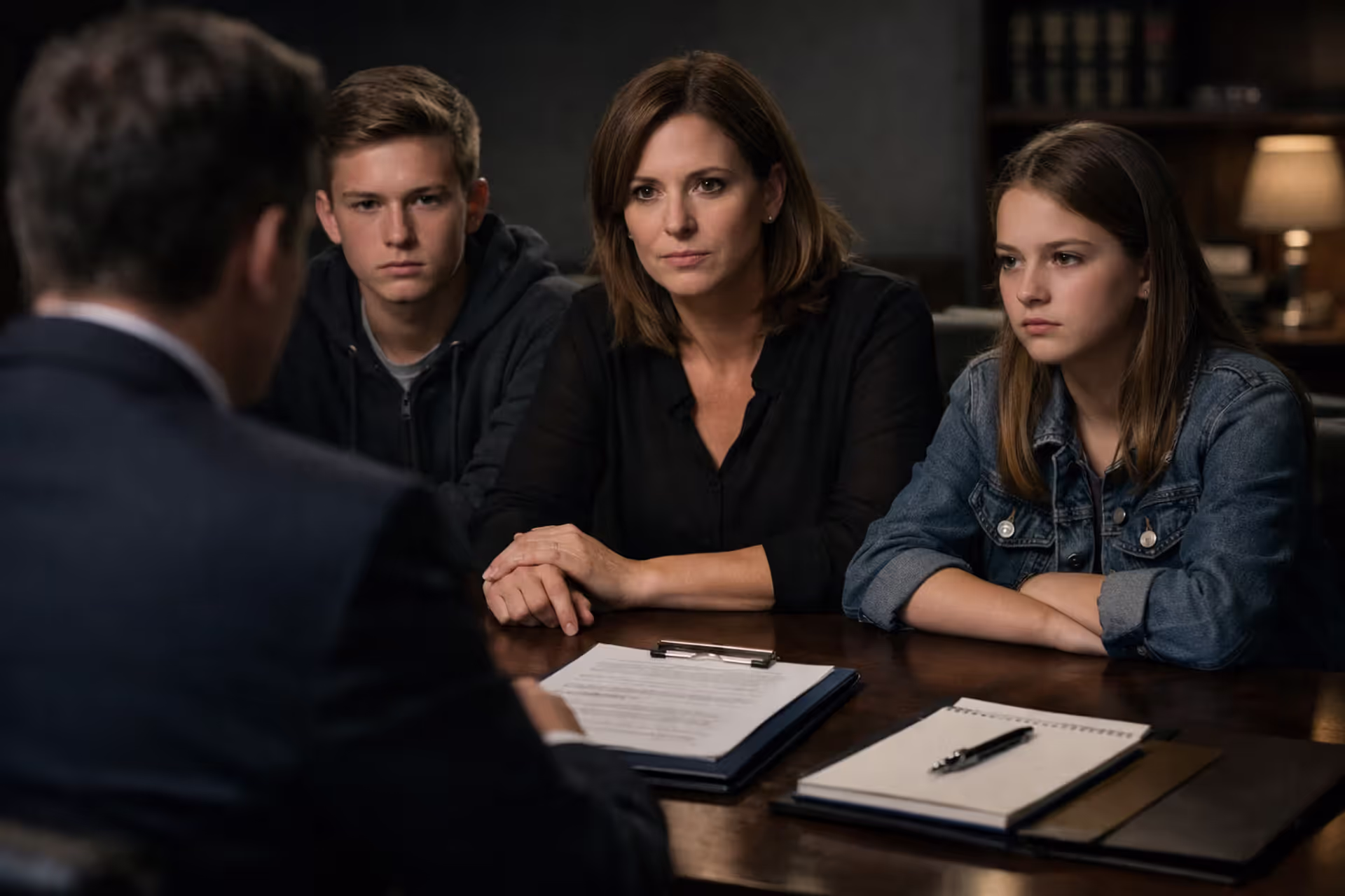 Family consulting with a wrongful death attorney in a law office with legal documents on desk