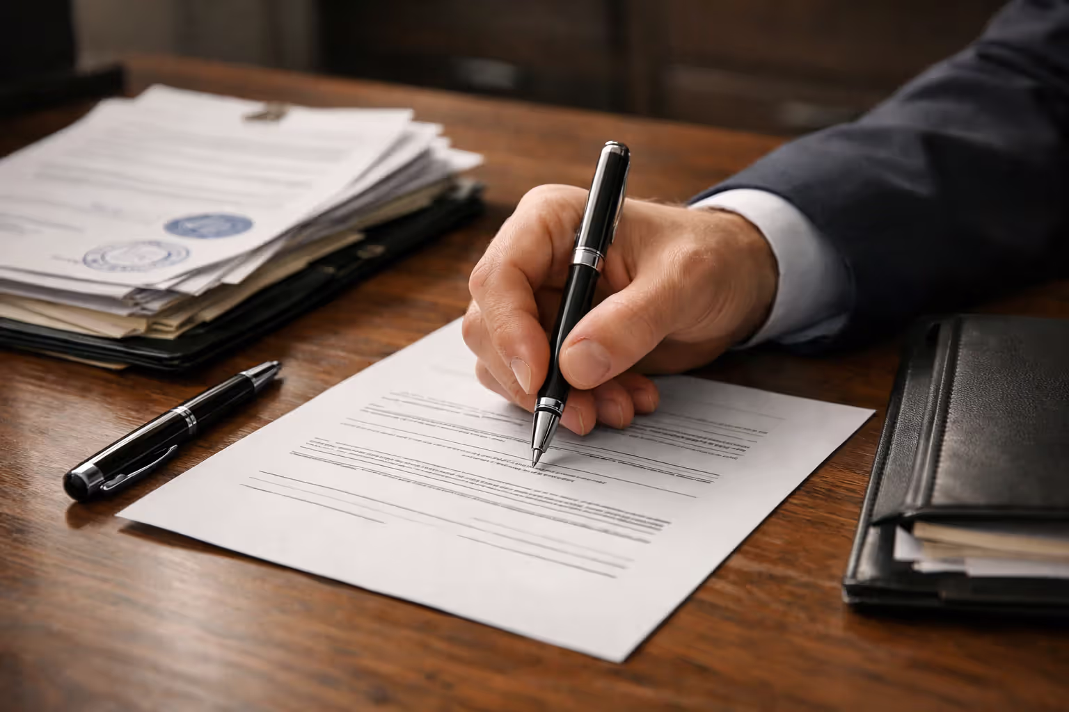 Person signing legal estate documents at a wooden desk with official paperwork