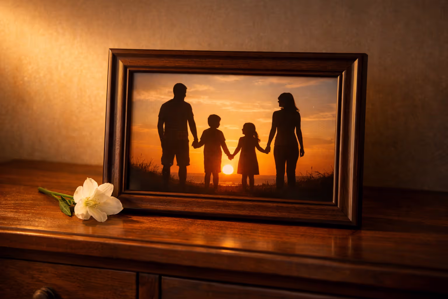 Framed family silhouette photo on wooden dresser with single white flower beside it