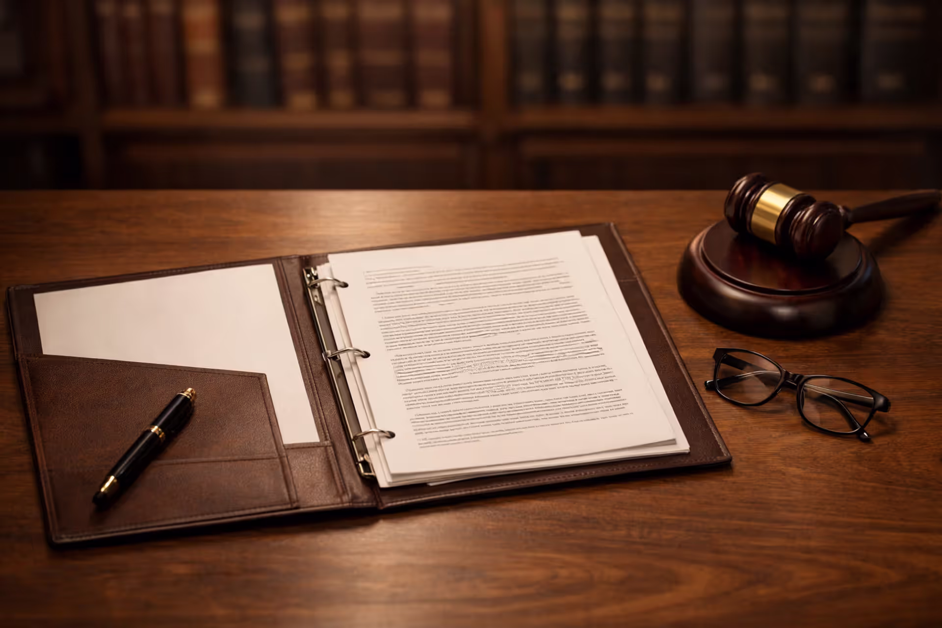 Lawyer desk with legal documents, gavel, pen, and glasses with law books in background