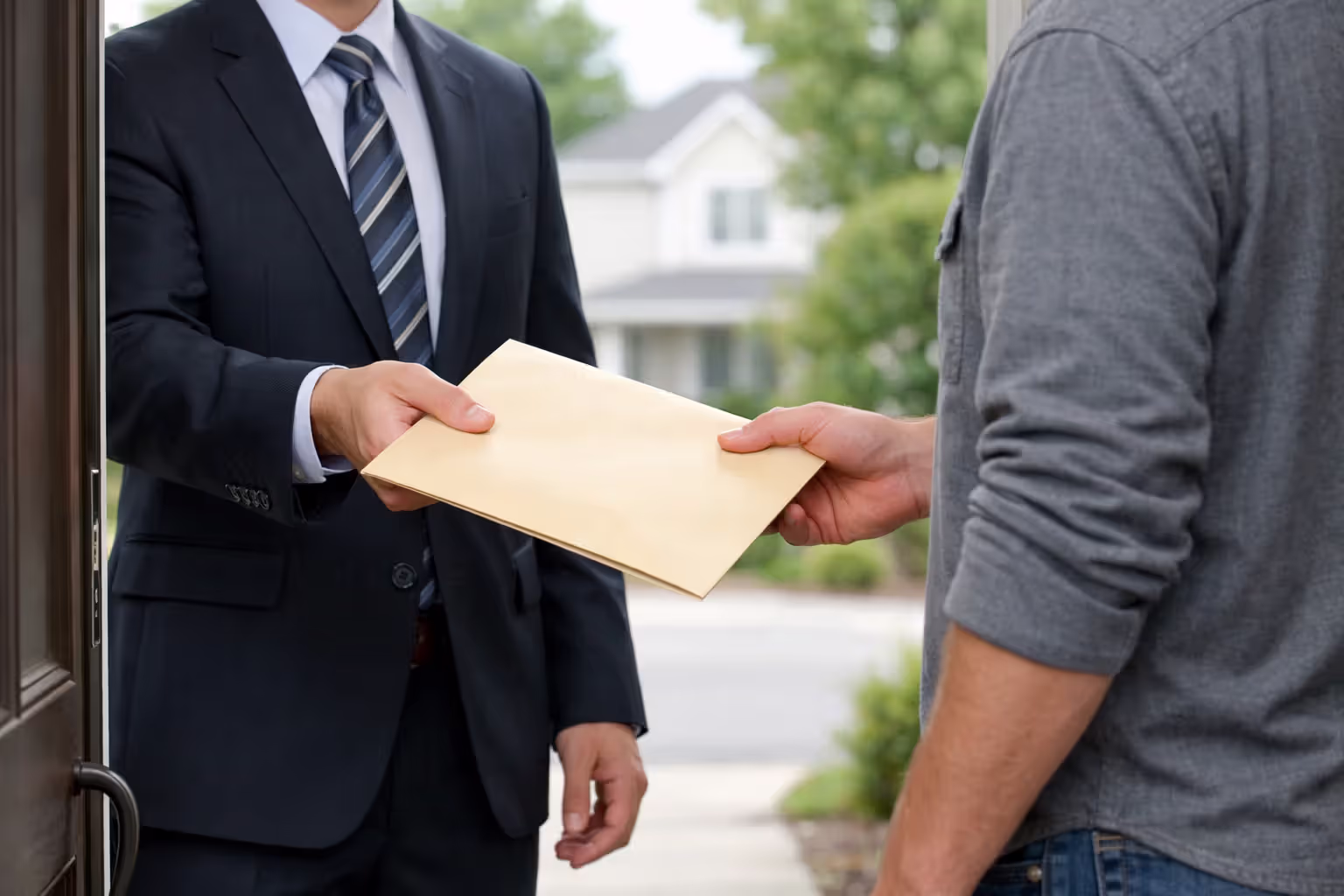 Attorney serving legal documents to a person at a residential doorstep