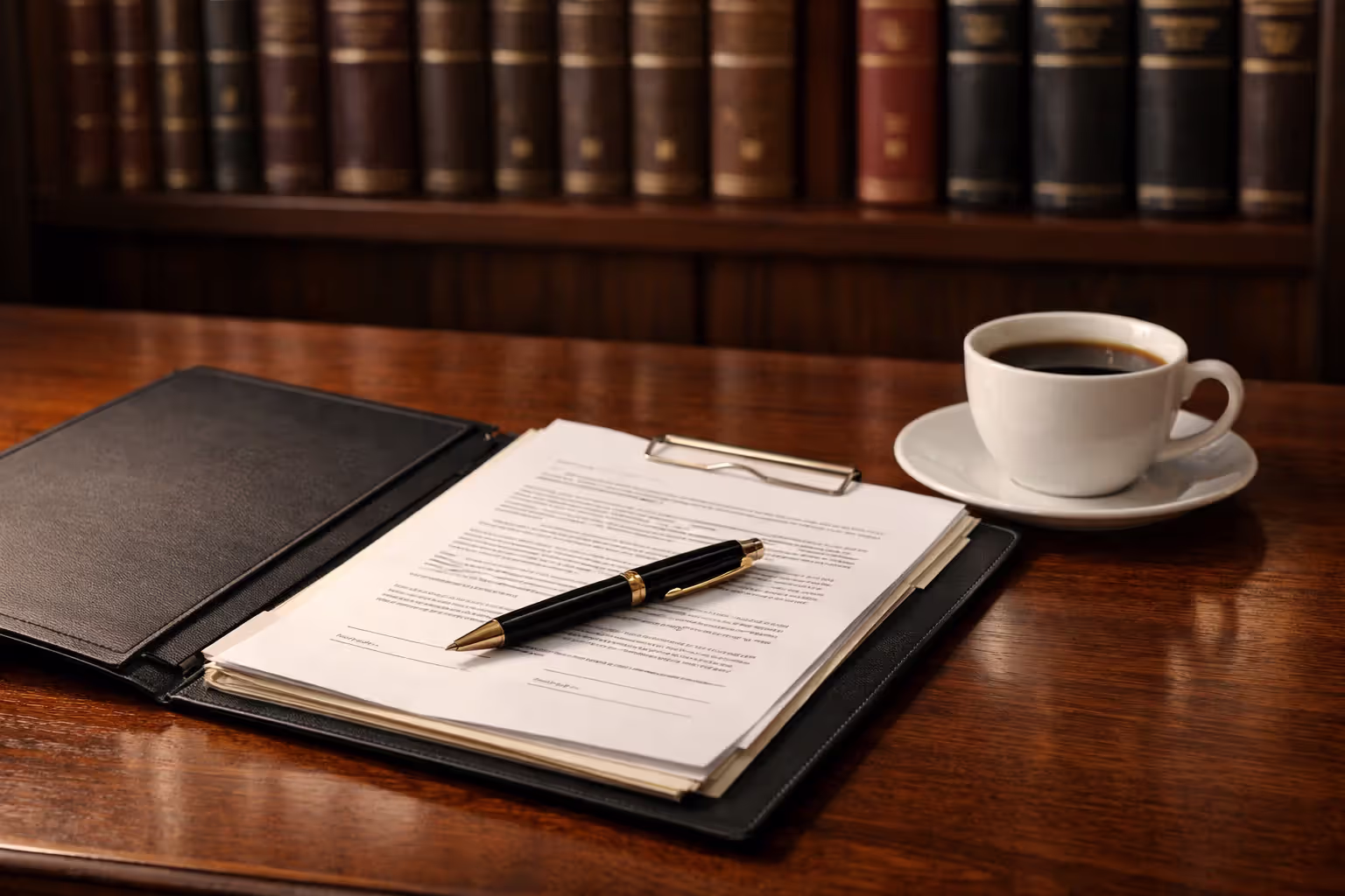 Legal office desk with open case folder documents pen and coffee cup with law books on shelves in background