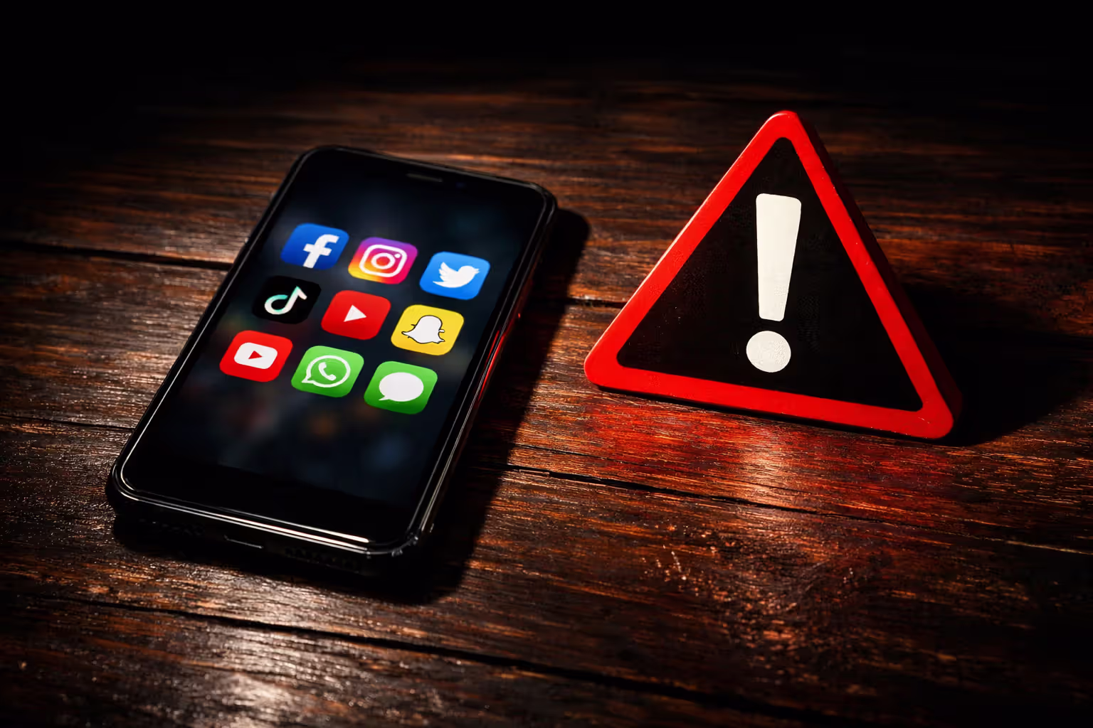 Smartphone showing social media app icons on dark wooden surface with red warning triangle sign nearby