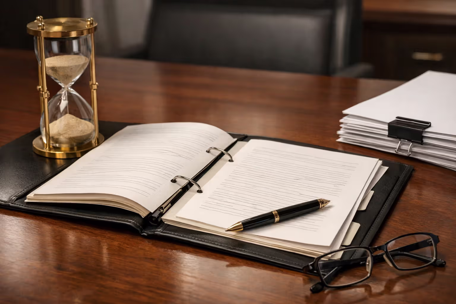 Attorney desk with legal documents folder, hourglass, pen, and glasses symbolizing filing deadlines