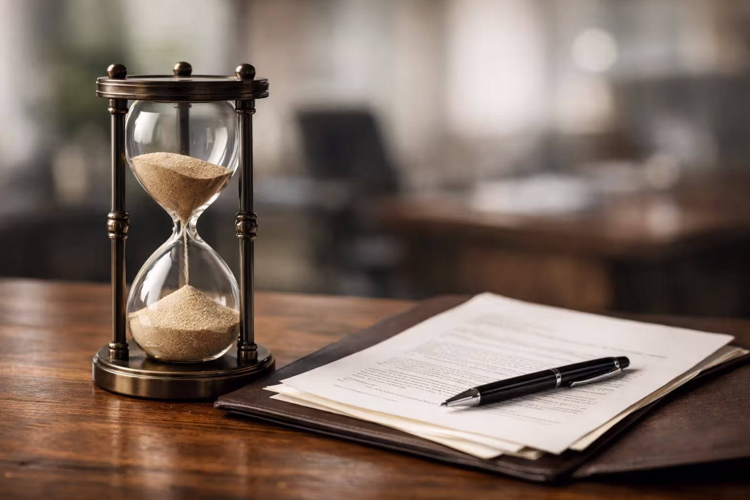 Hourglass with sand running out on desk next to open legal folder symbolizing statute of limitations deadline