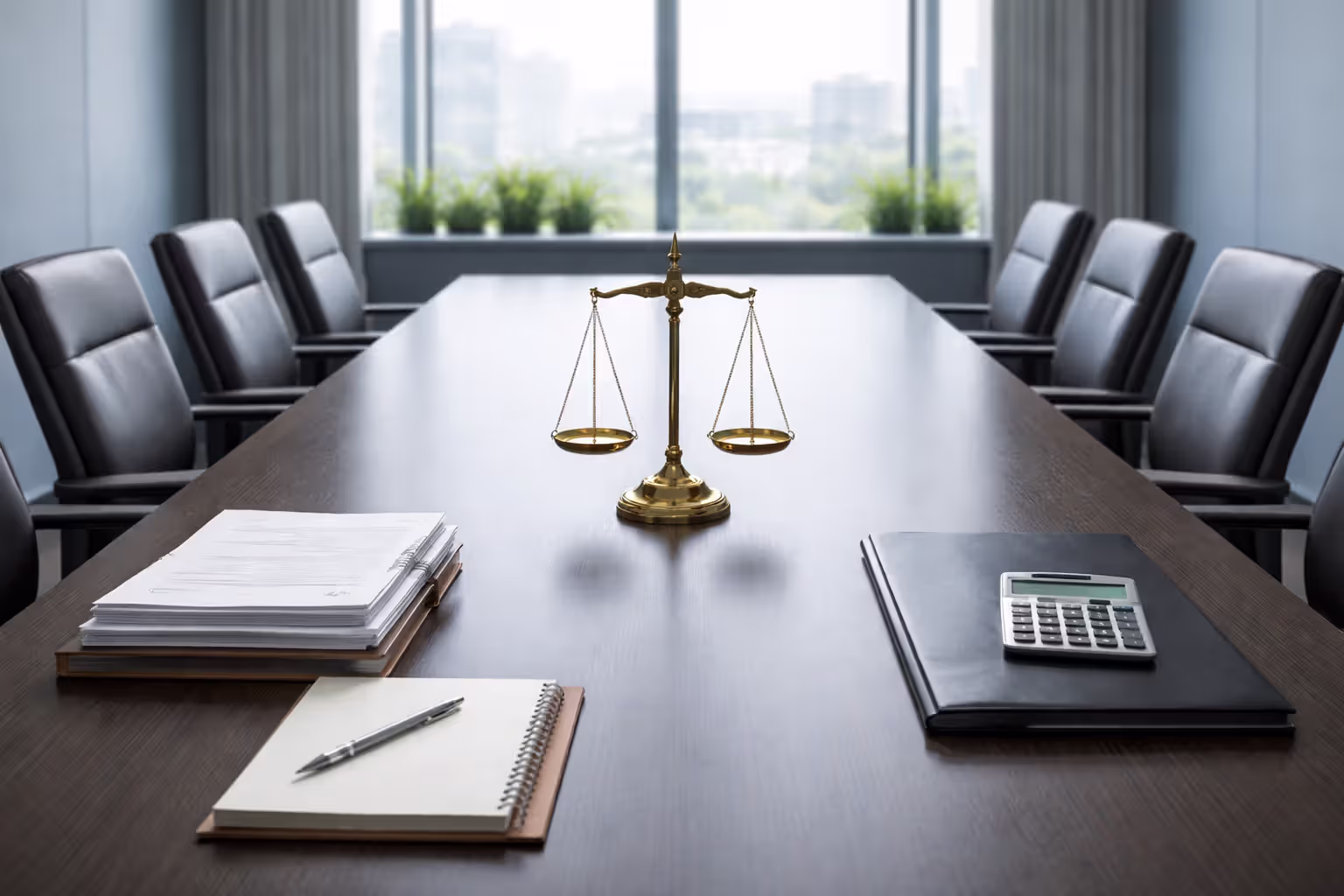 Conference table with legal documents on both sides and scales of justice in the center representing negotiation versus litigation