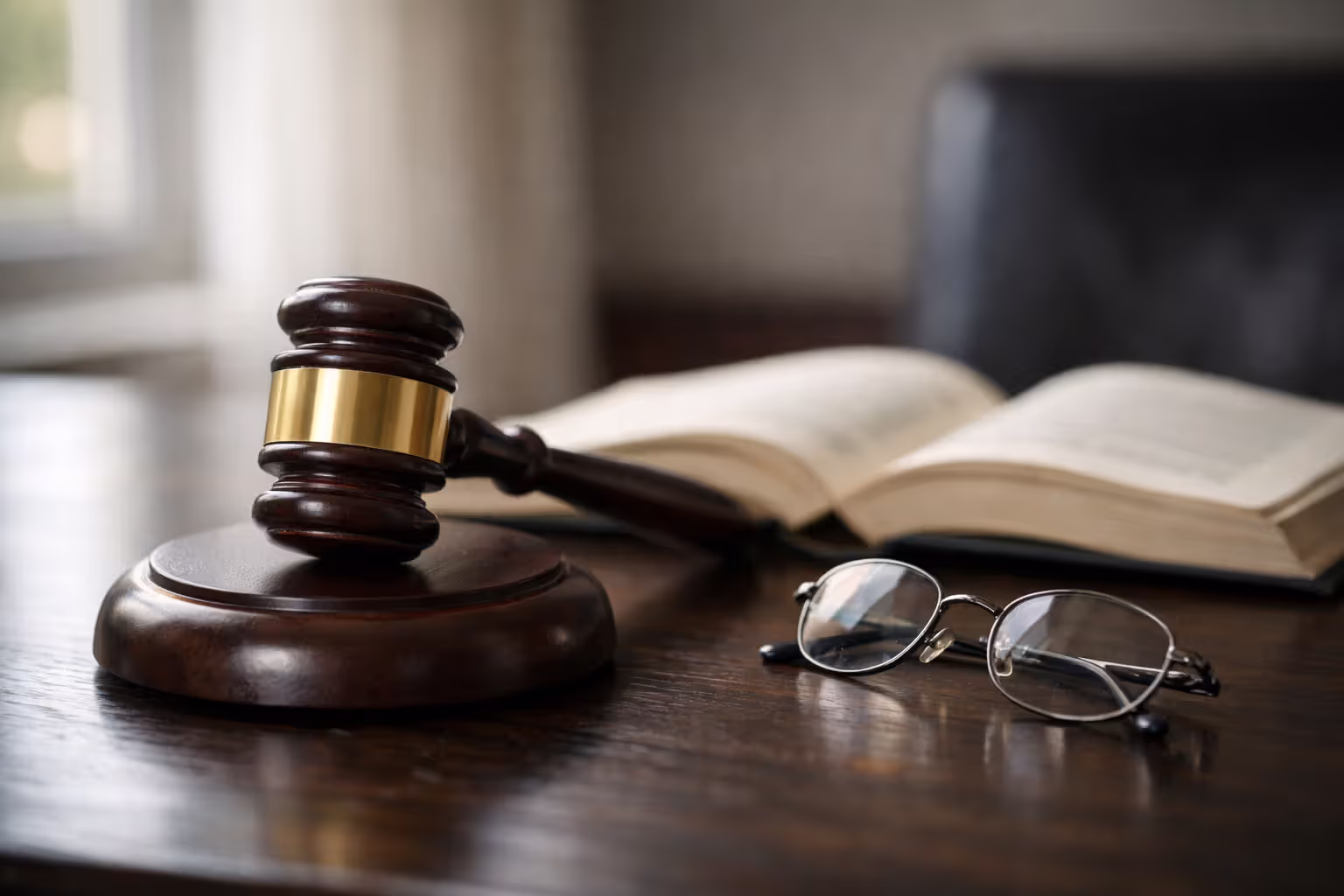 Wooden judge gavel on polished desk beside open legal book and reading glasses in law office