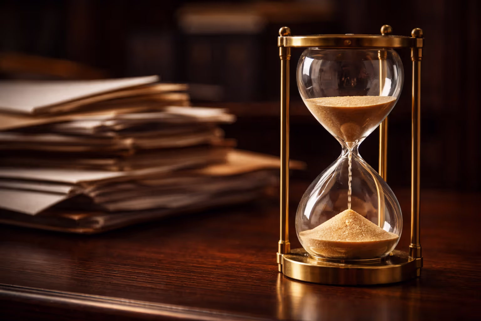 Hourglass with flowing sand on wooden desk with legal folders in background representing filing deadlines
